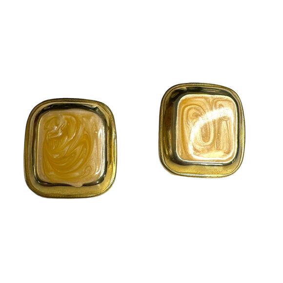 Gold Tone And Cream Pierced Earrings Square Costume Jewelry - Picture 2 of 5